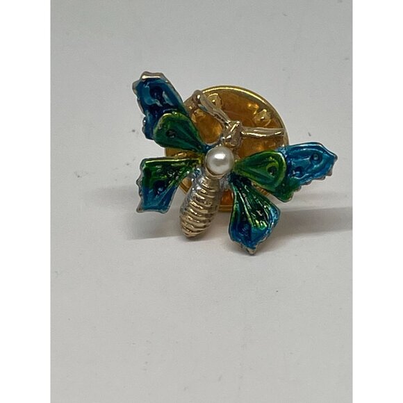 Vintage Ballou Reg'd Gold Tone Painted Faux Pearl Butterfly Lapel Pin - Picture 1 of 4